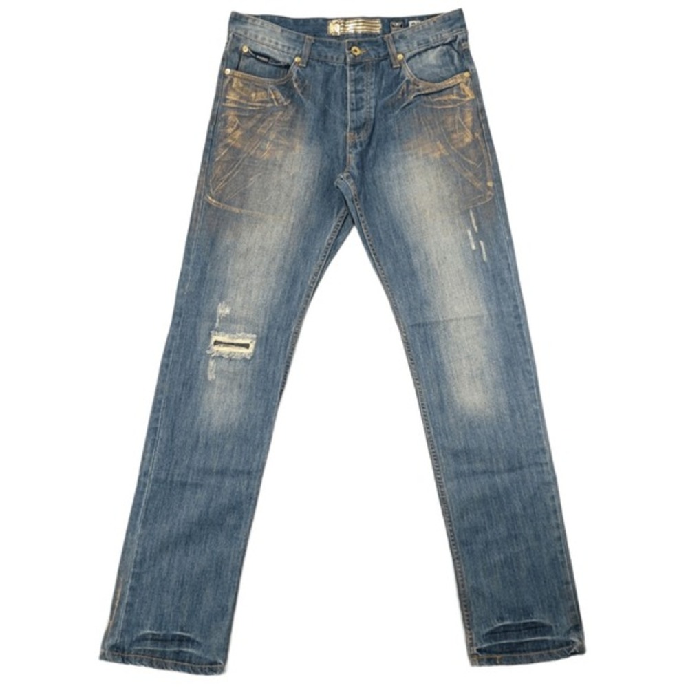 Born Fly Men's 34x32 Gold Paint Distressed Blue Denim Jeans Slim Straight Button